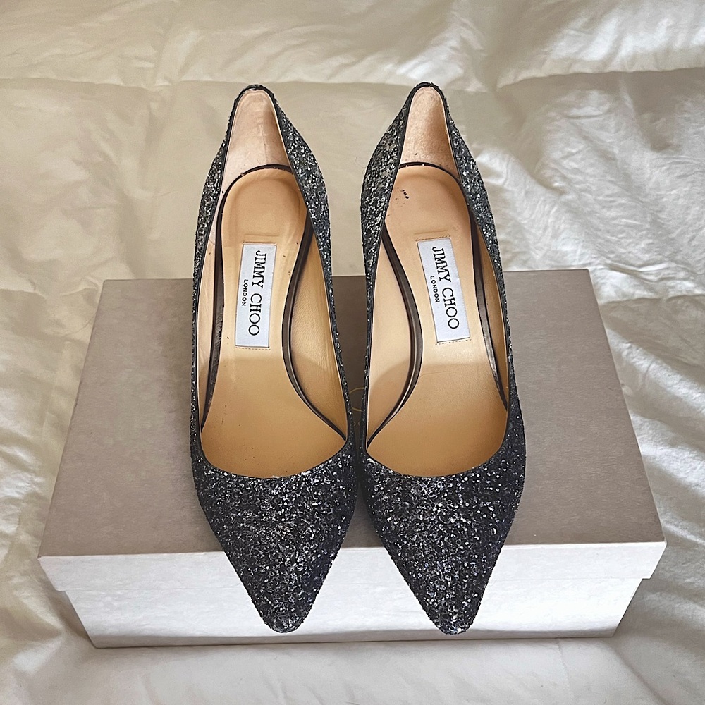 Jimmy Choo Romy 60 Silver and Blue Ombré Glitter Pointy Toe Pumps $190 - Picture 2 of 13